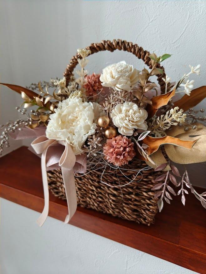 ゴールド×ベージュのアンティーク花籠 お祝い花 開店祝い 店舗インテリア トルコキキョウ誕生日ドライフラワー 結婚祝い | 3枚目